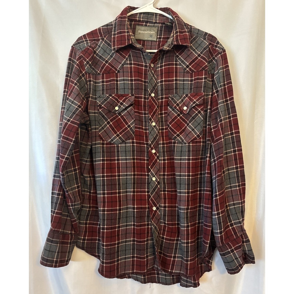 Wrangler Men M Red/gray Plaid Flannel Pearl Snap Western Wrancher Rodeo Shirt